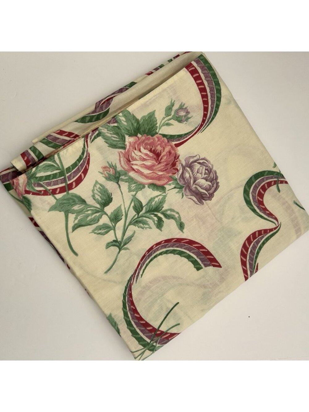 Vintage MCM Cottagecore Rose Ribbon Floral Square Fabric Tablecloth 44”x 44”